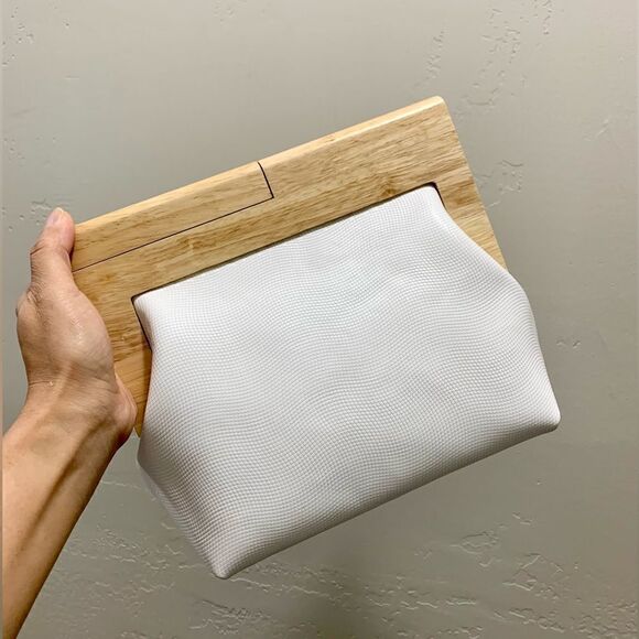 Handmade Genuine Cowhide Pattern Embossed Wooden Frame Purse & 2 Chain Styles - Picture 1 of 16